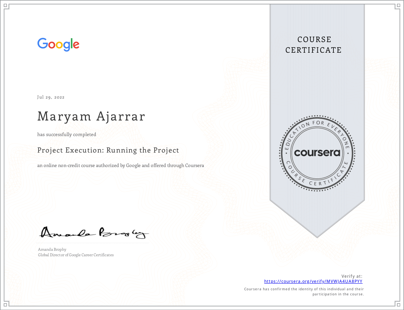 course 4 project execution certificate