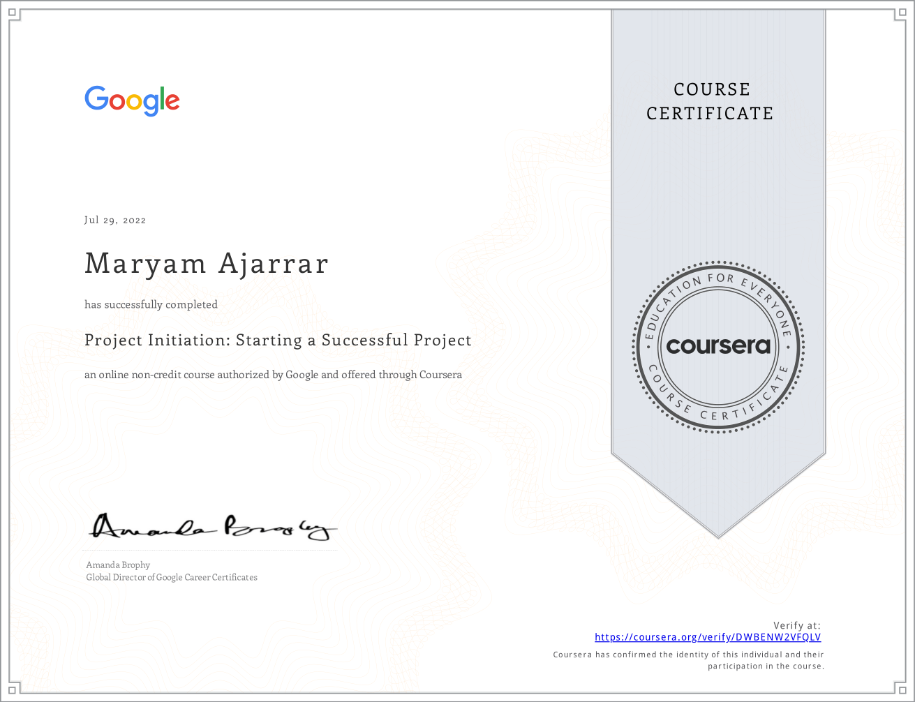 course 2 project initiation certificate